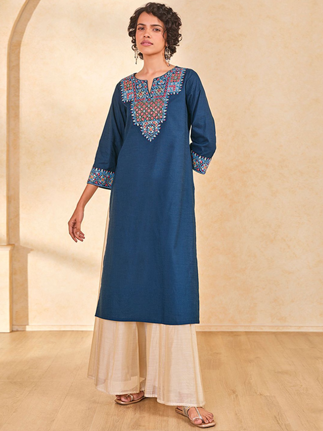 

Global Desi Ethnic Motifs Yoke Design Mirror Work Pure Cotton Straight Kurta, Blue