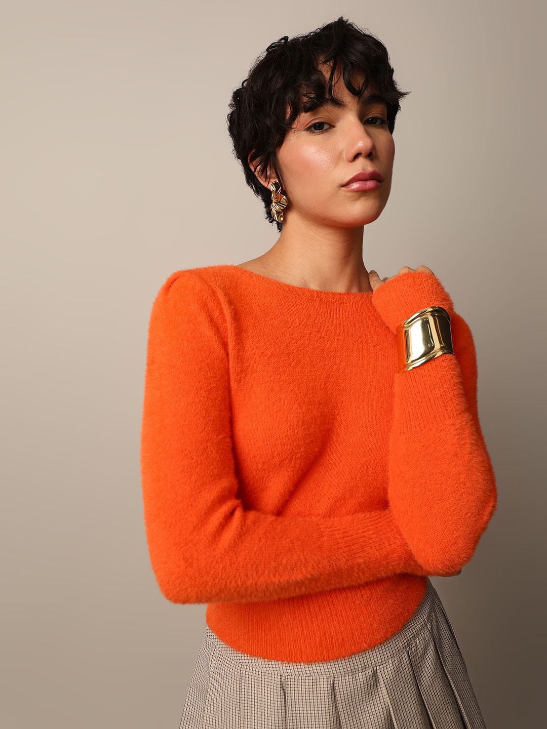 

ONLY Women Solid Pullover Ribbed Sweater, Orange