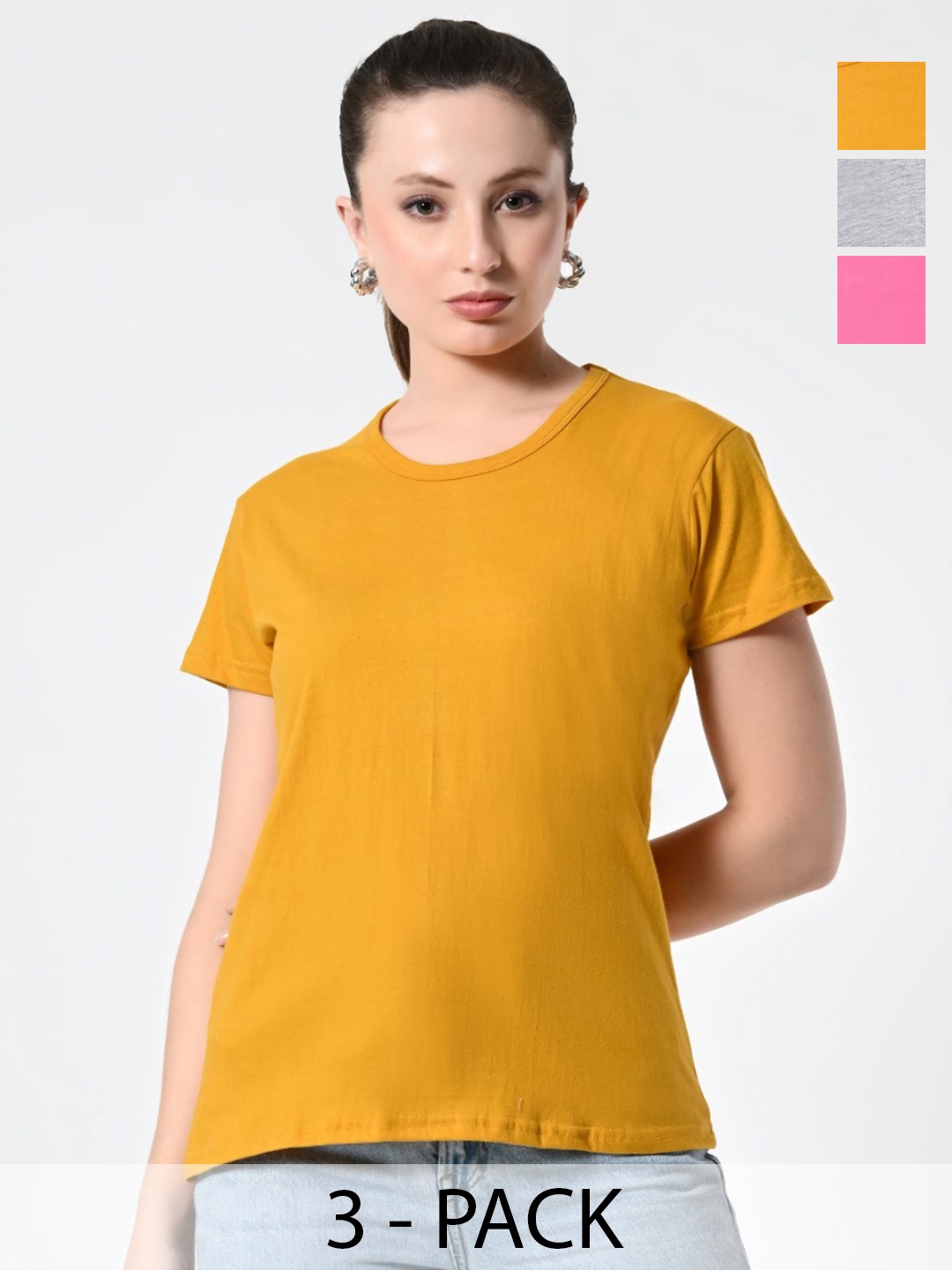 

BAESD Women Pack Of 3 Solid Round Neck Cotton T-shirts, Mustard