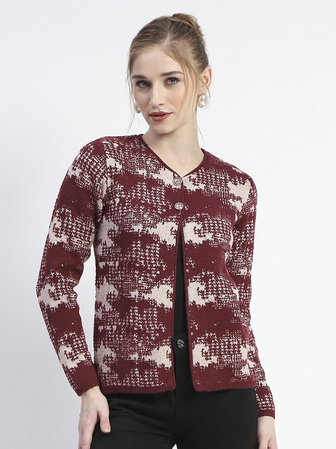 

Madame Women Quirky Printed Ribbed Cardigan Sweater, Maroon