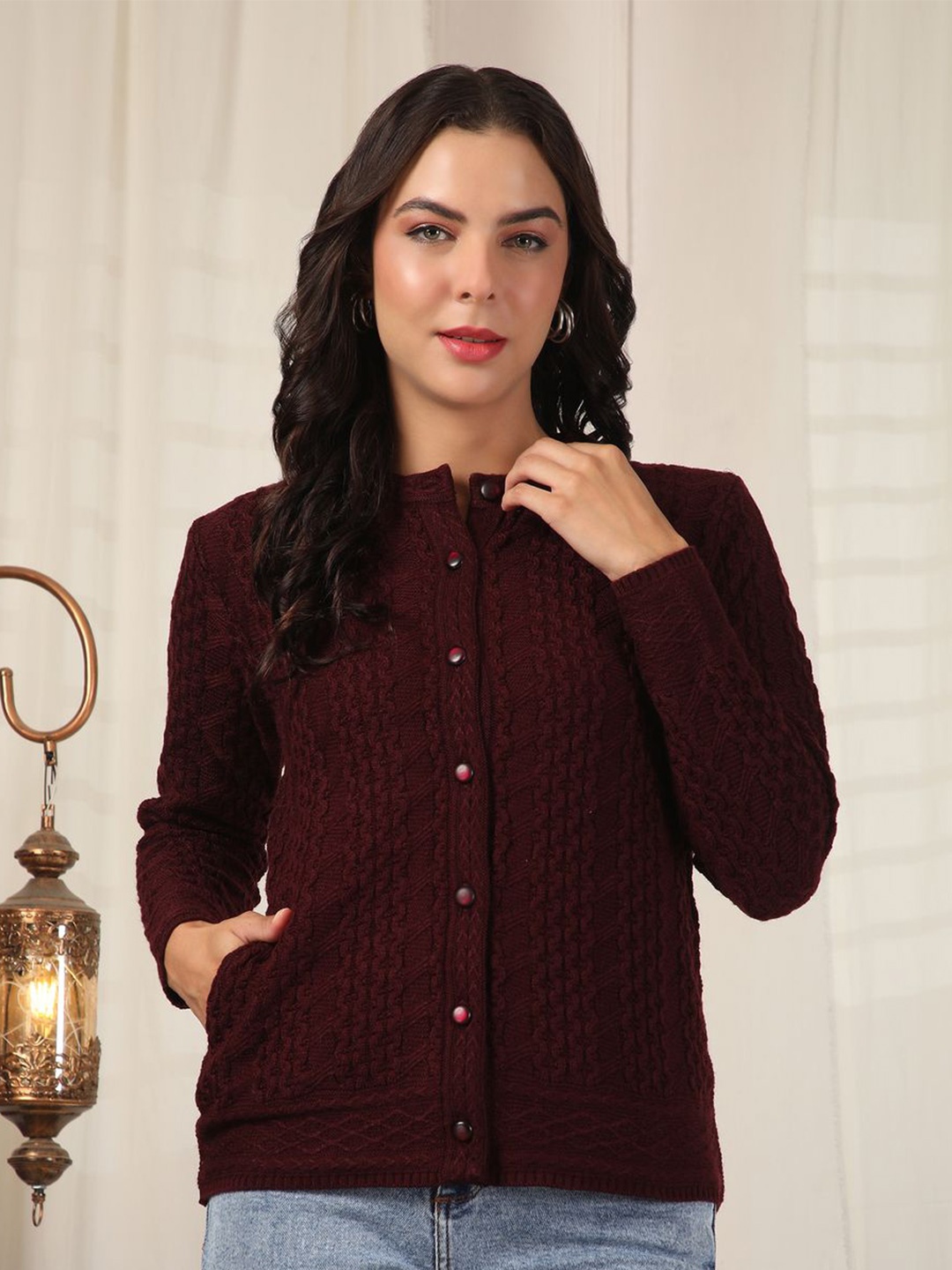 

Cayman Women Self Design Cable Knit Henley Neck Woollen Cardigan Sweater, Burgundy