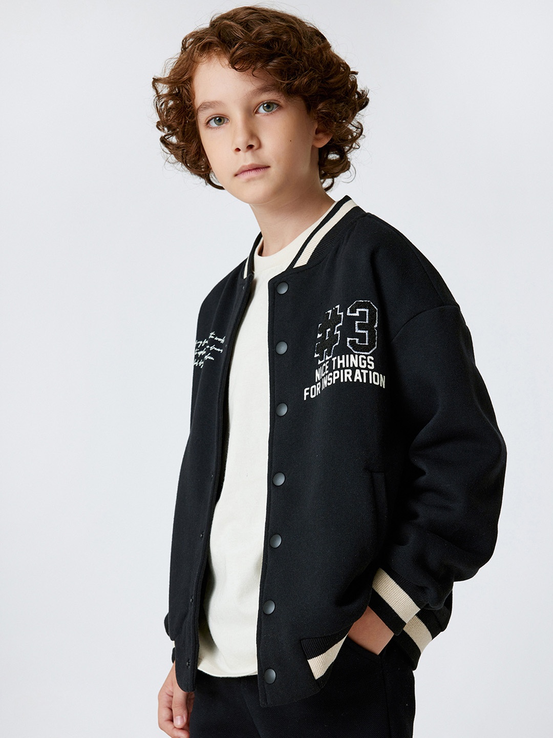 

Koton Boys Stand Collar Typography Printed Casual Bomber Jacket, Black