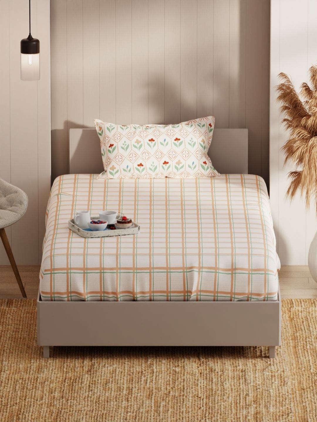 

KOPA Beige & White Geometric 152 TC Microfiber Single Bedsheet Set-1.55 m X 2.36 m