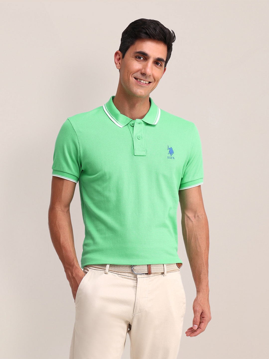 

U.S. Polo Assn. Self Design Polo Collar Pure Cotton Slim Fit T-shirt, Green