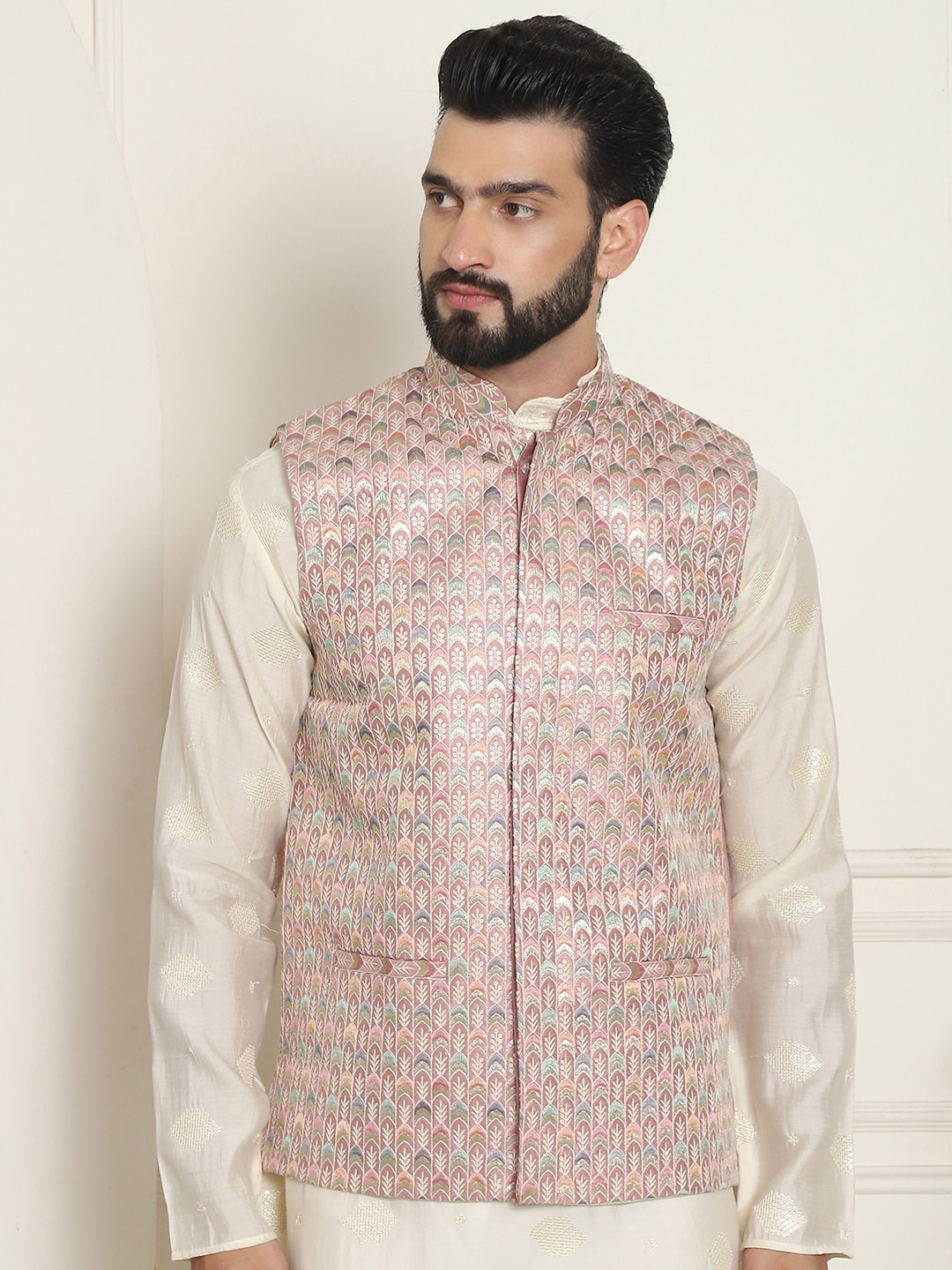 

SOJANYA LUXE Men Embroidered Mandarin Collar Nehru Jacket, Peach
