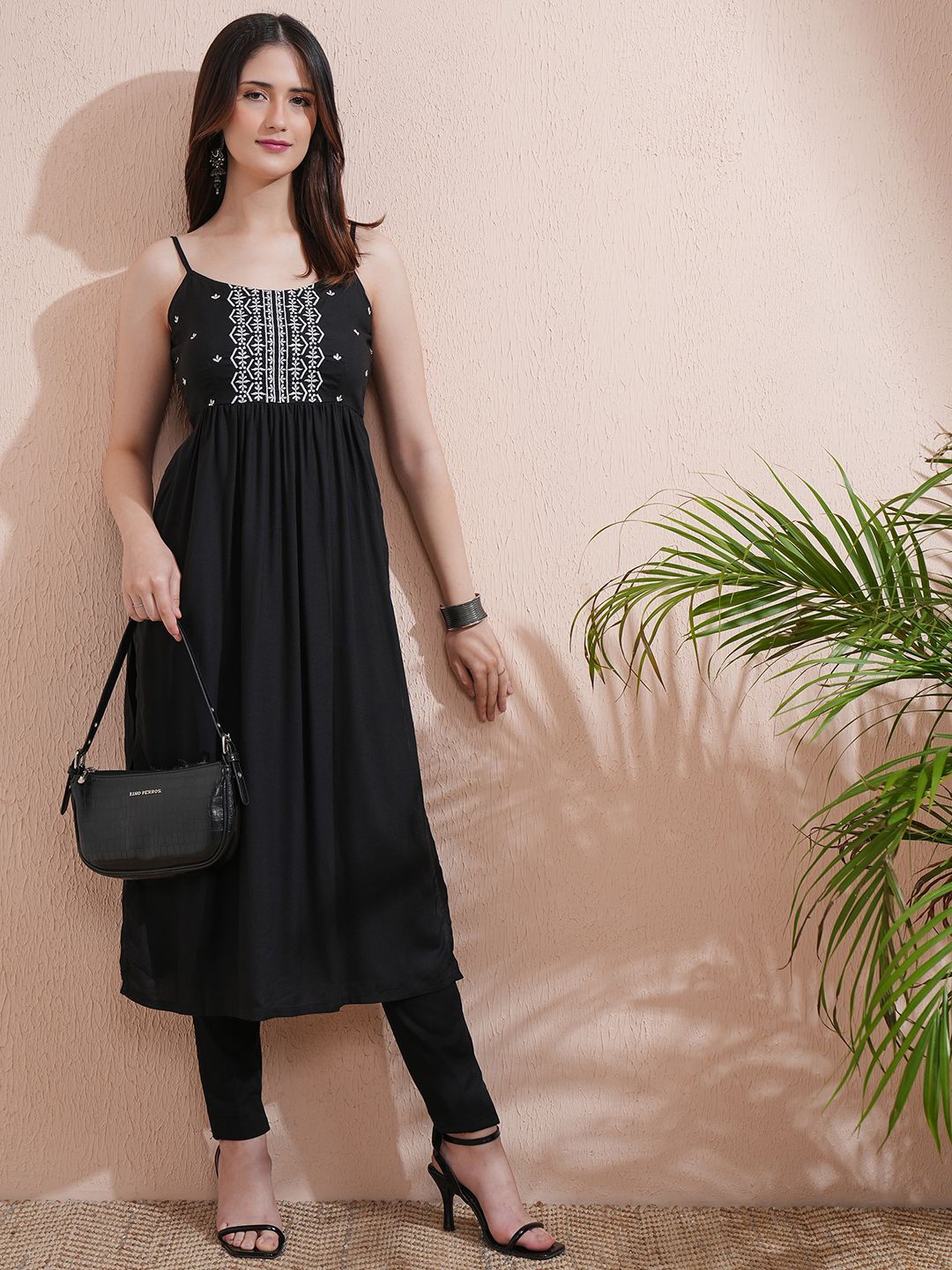 

Vishudh Floral Embroidered Shoulder Strap A Line Kurta, Black