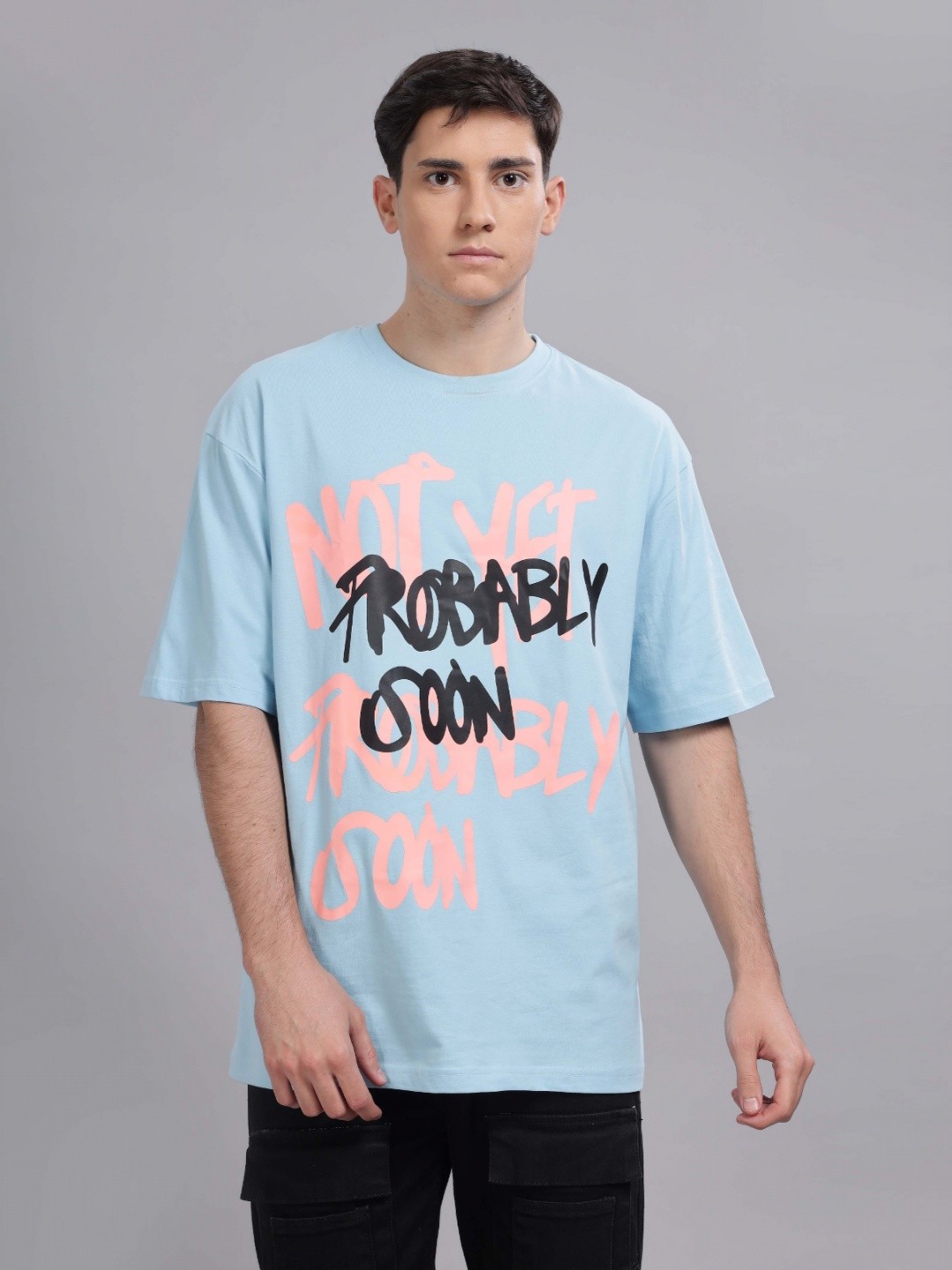 

TOMHIDDLE Men Typography Printed Round Neck Cotton Oversized T-shirt, Blue