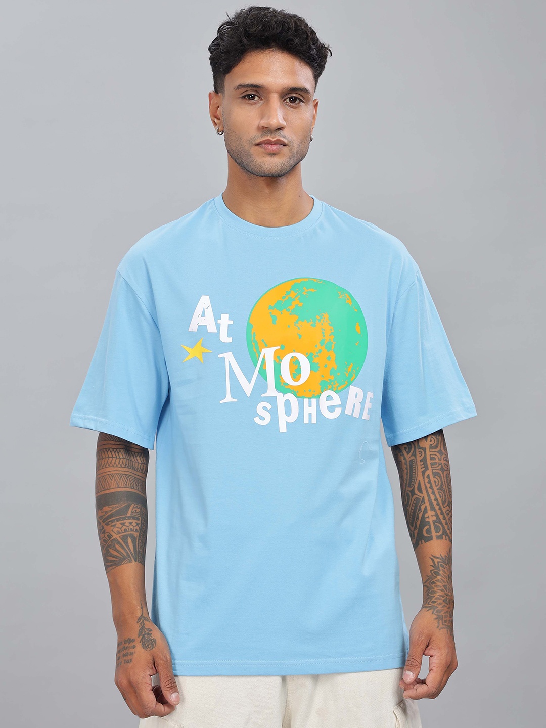 

TOMHIDDLE Men Typography Printed Round Neck Cotton Oversized T-shirt, Blue