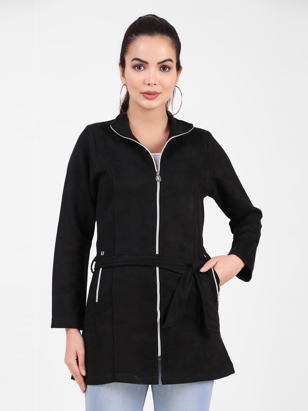 

FNOCKS Women Belted Zipper Mock Collar Wool Single-Breasted Winter Overcoat, Black