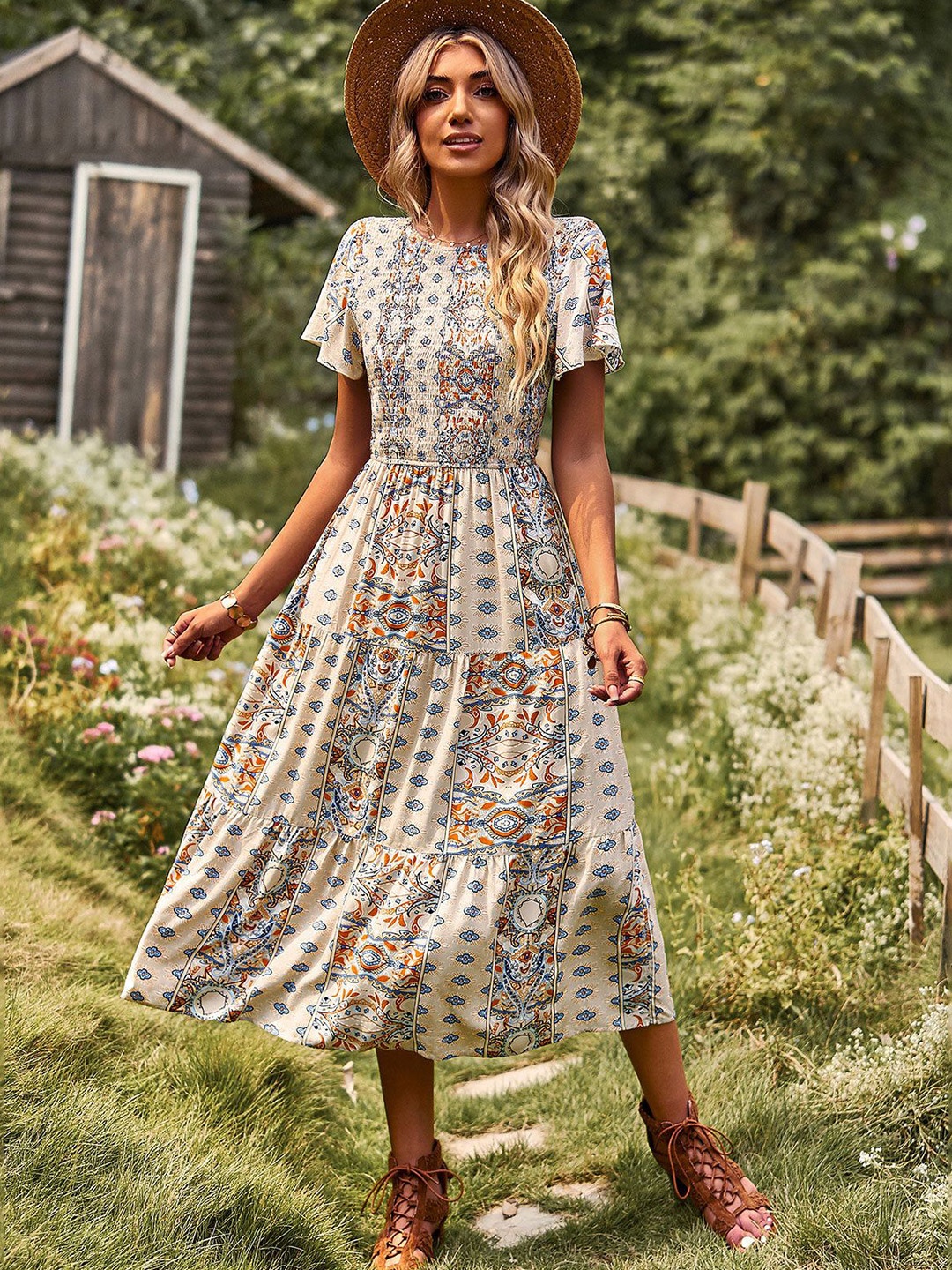 

StyleCast Tropical Print Puff Sleeve A-Line Midi Dress, Beige