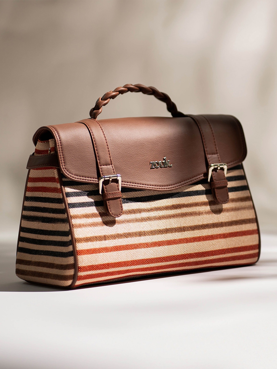 

ZOUK Women Striped Satchel, Brown