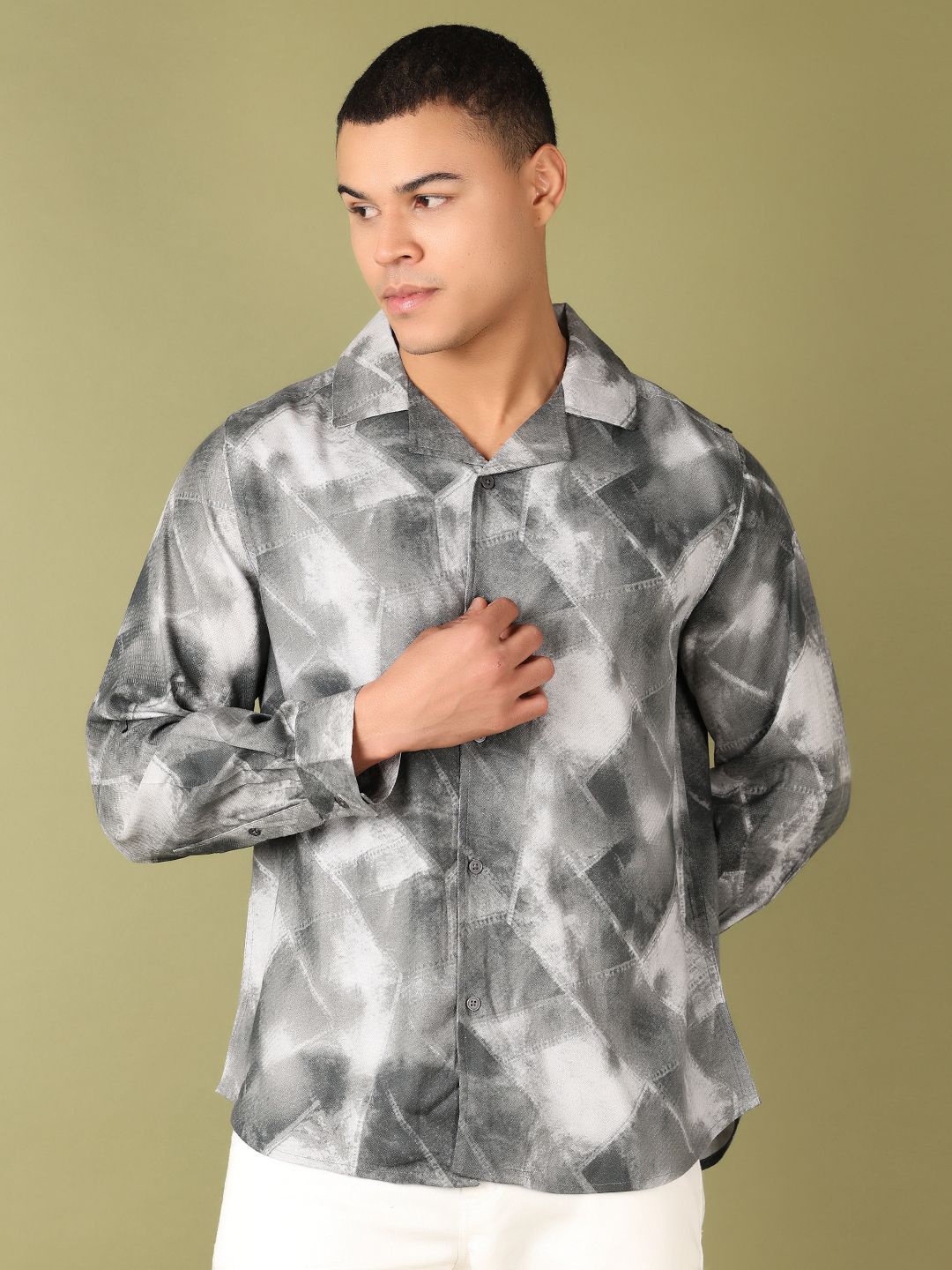 

V-Mart Men Cuban Collar Abstract Printed Casual Shirt, Grey