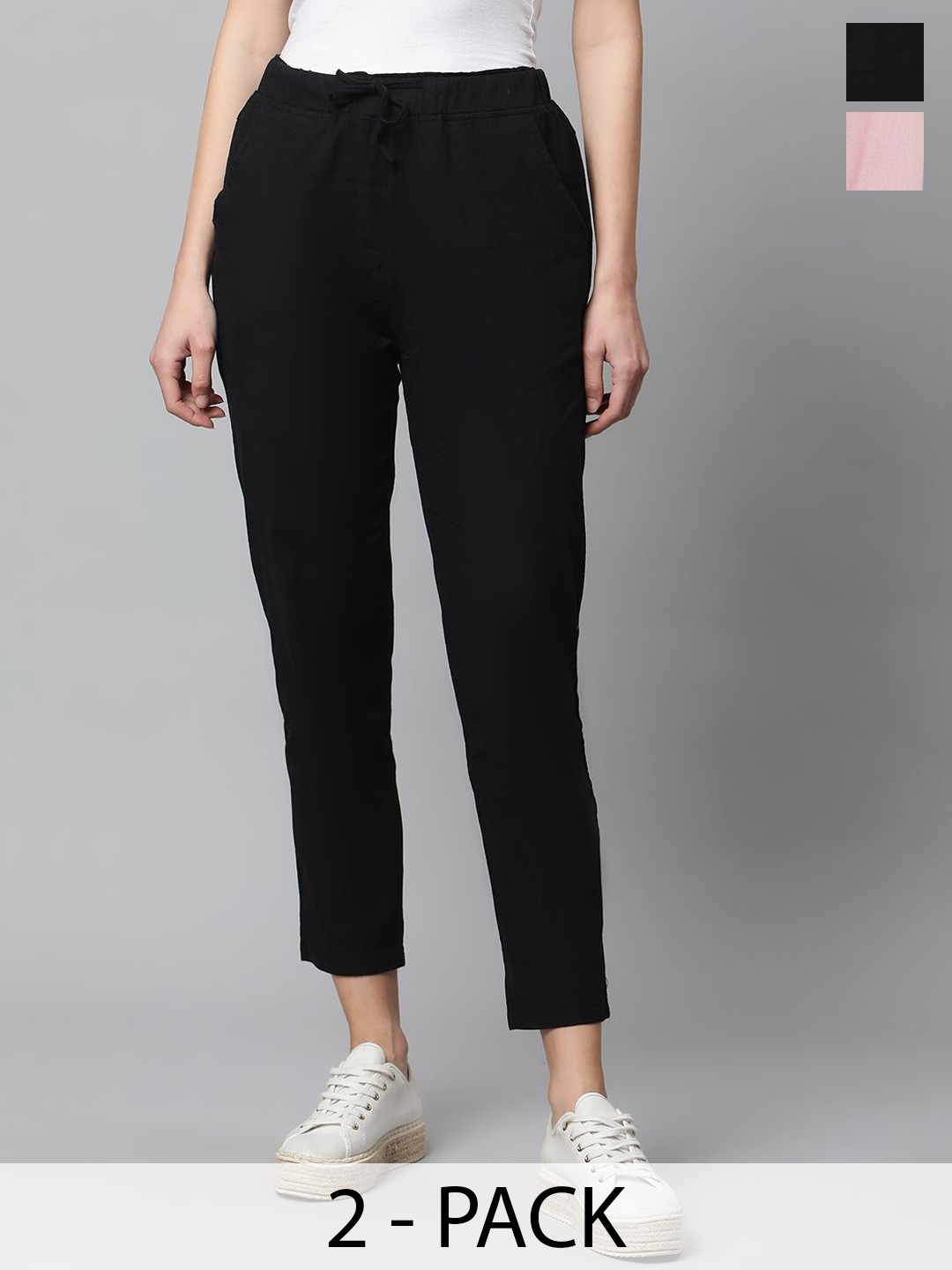 

Global Republic Pack Of 2 Cotton Slim Fit High Waist Cigarette Trousers, Black
