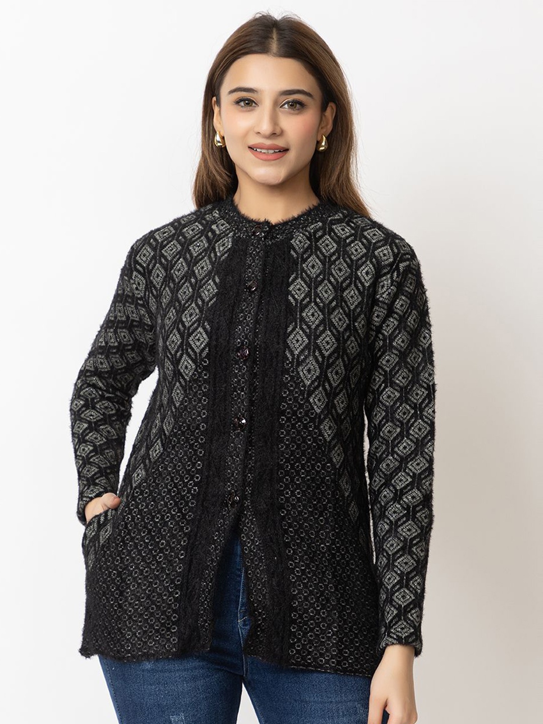 

LO G LO Women Geometric Printed Henley Neck Cardigan Sweater, Black