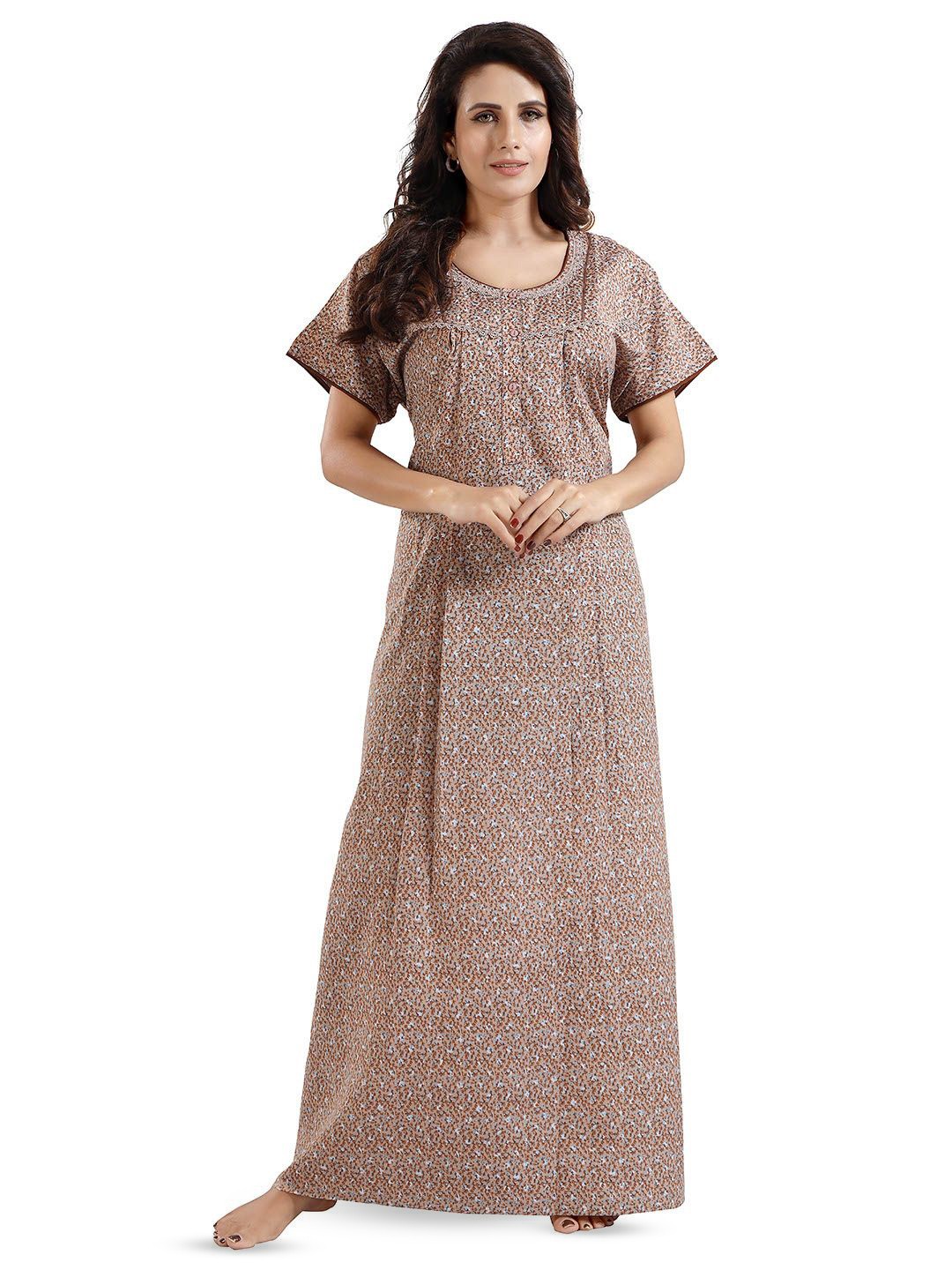 

NIGHT QUEEN Women Everyday Floral Printed Sweat Nightdress Maxi Nightdress, Brown