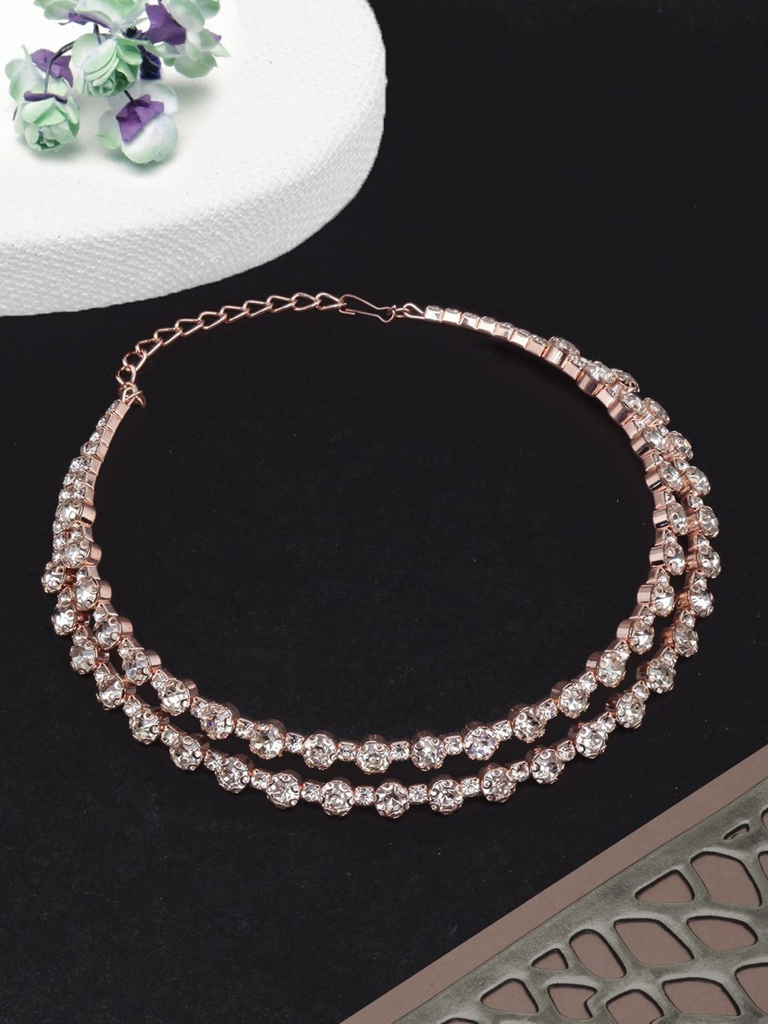 

KPOP Rose Gold-Plated Layered Stone Studded Choker Necklace