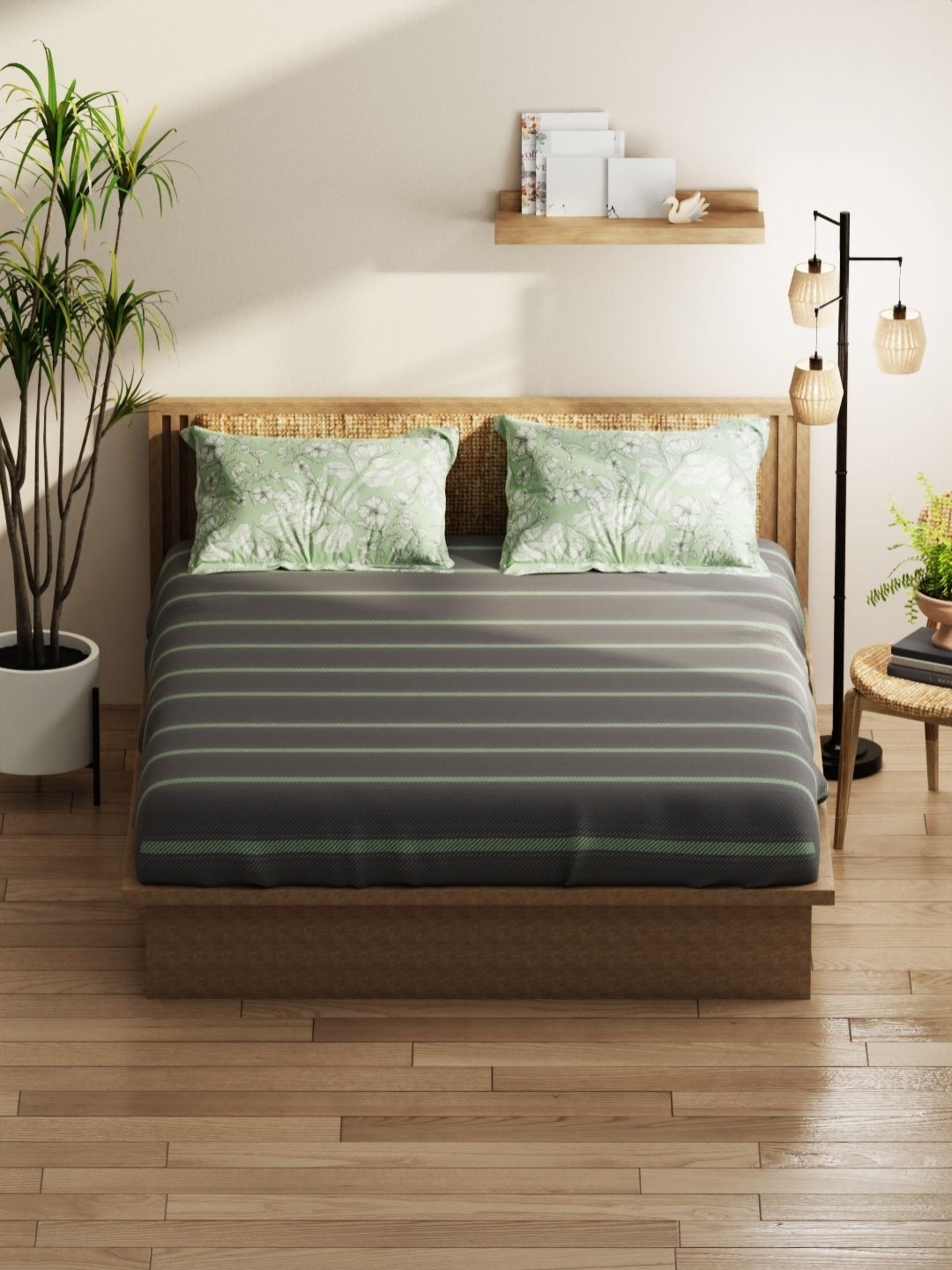

KOPA Grey & White Striped Microfiber 152 TC Queen Bedsheet with 2 Pillow Covers 2.1 x 2.3m
