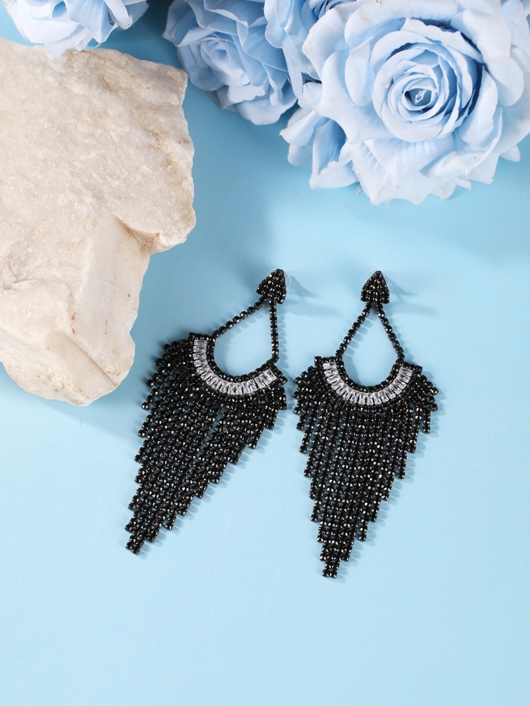 

KPOP Brass-Plated Rhinestone Contemporary Drop Earrings, Black