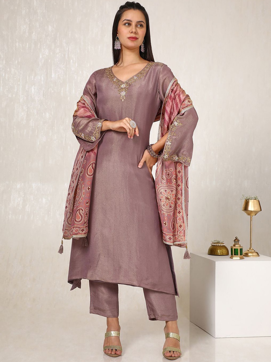 

Soch Embroidered Beads and Stones A Line Kurta with Trousers & Dupatta, Purple