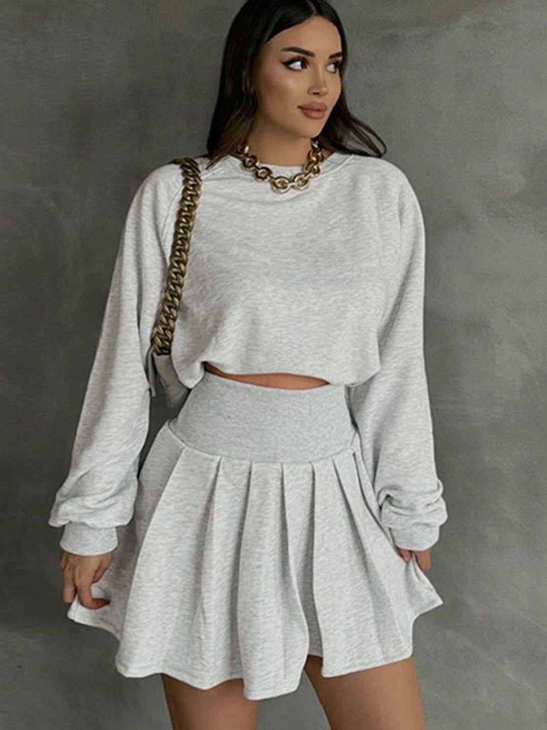 

LULU & SKY Women Round Neck Sweatshirt & Skirt Co-Ords, Grey