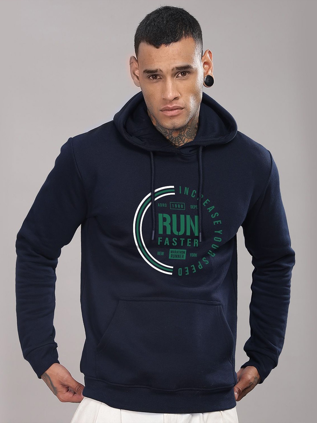 

ADRO Men Typography Printed Hood Cotton Pullover Sweatshirt, Navy blue