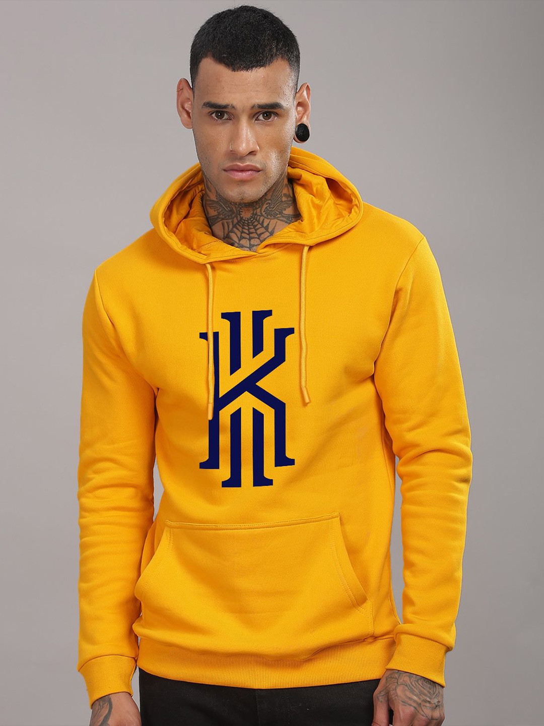 

ADRO Men Graphic Printed Hood Cotton Pullover Sweatshirt, Mustard