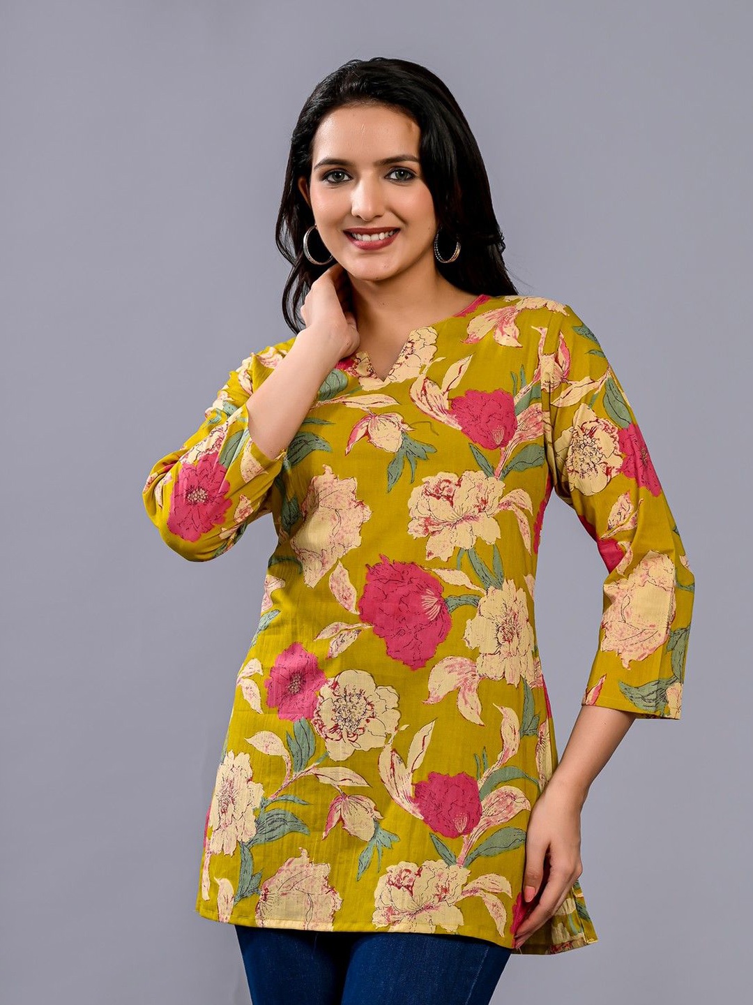 

PIDAVLIYA'S Women Floral Printed V-Neck Cotton Top, Yellow