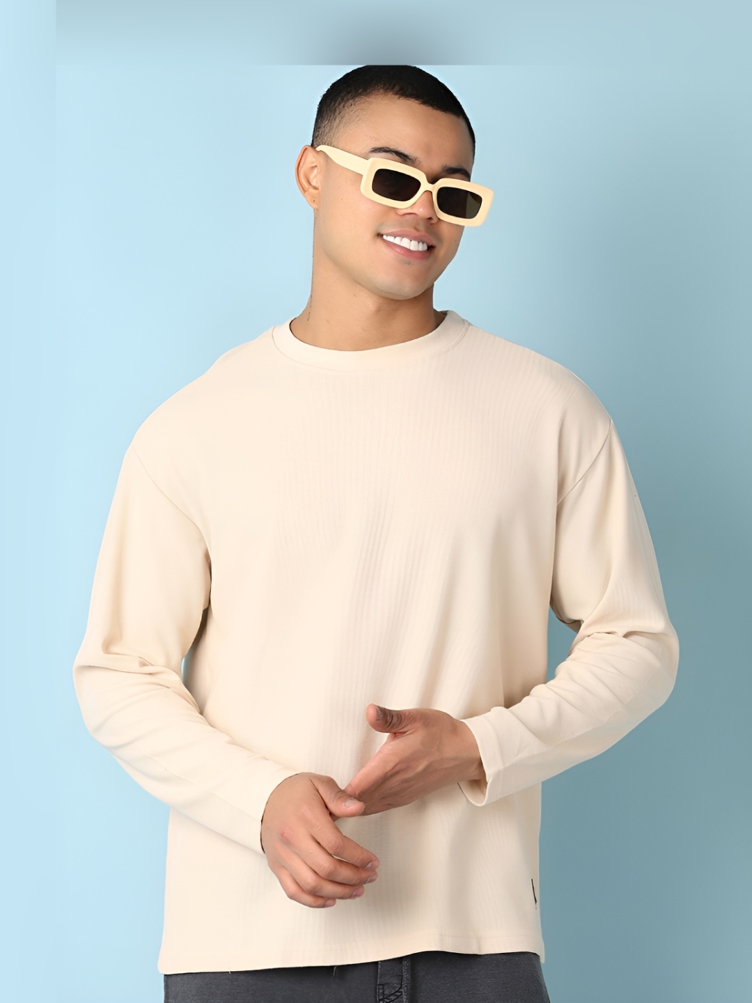 

V-Mart Men Solid Round Neck Cotton Relaxed Fit T-shirt, Beige