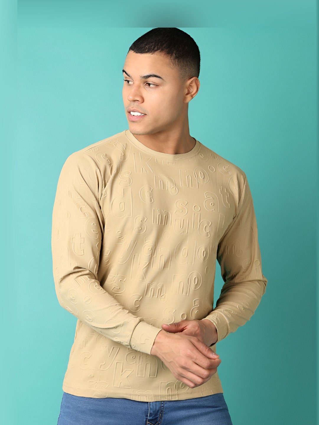 

V-Mart Men Self Design Round Neck Cotton Slim Fit T-shirt, Beige