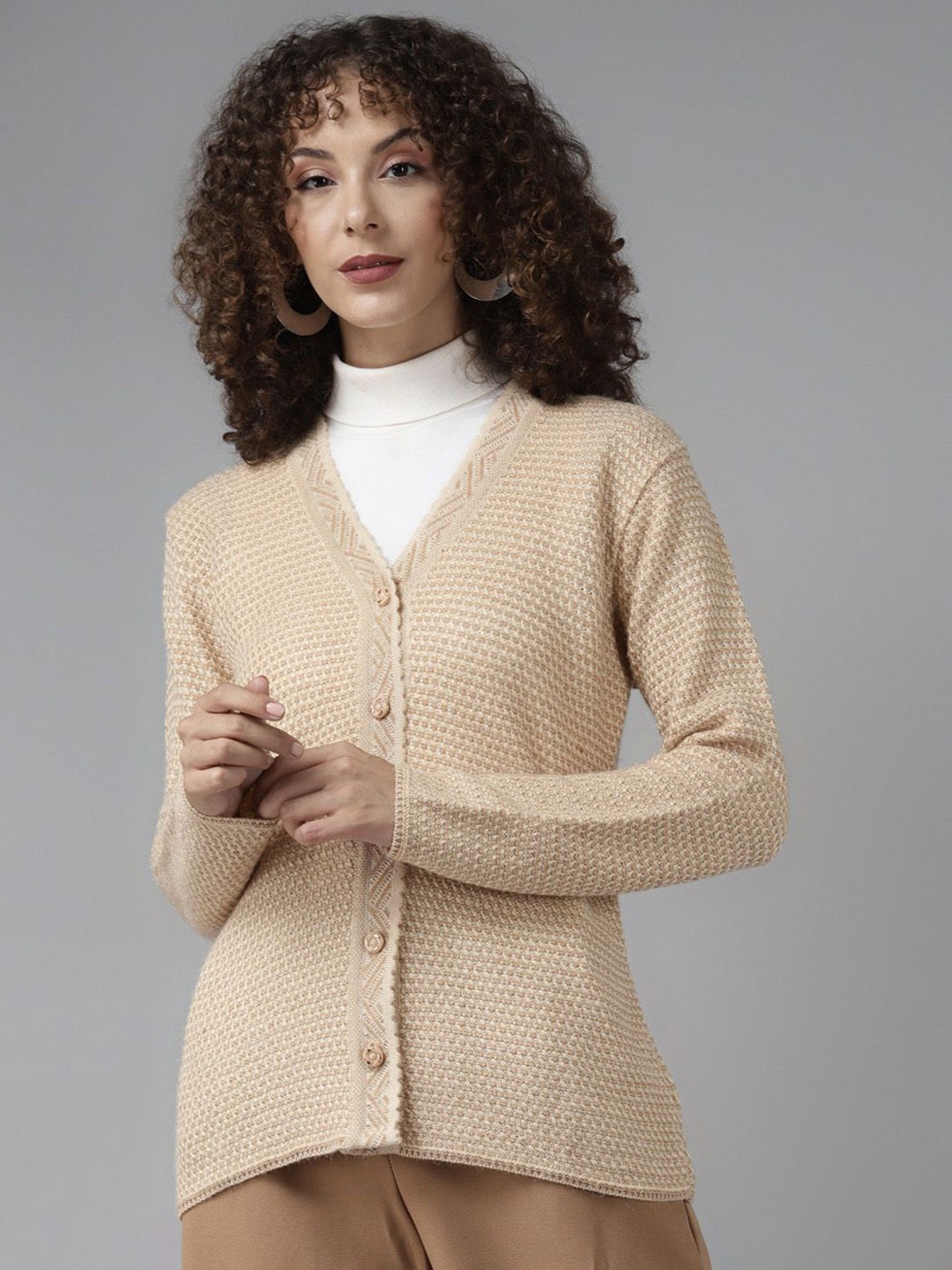 

Cayman Women Open Knit V-Neck Wool Cardigan Ribbed Sweater, Beige