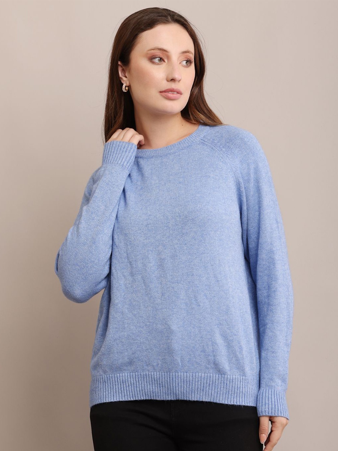 

NoBarr Women Ribbed Self Design Round Neck Pullover Ribbed Sweater, Blue