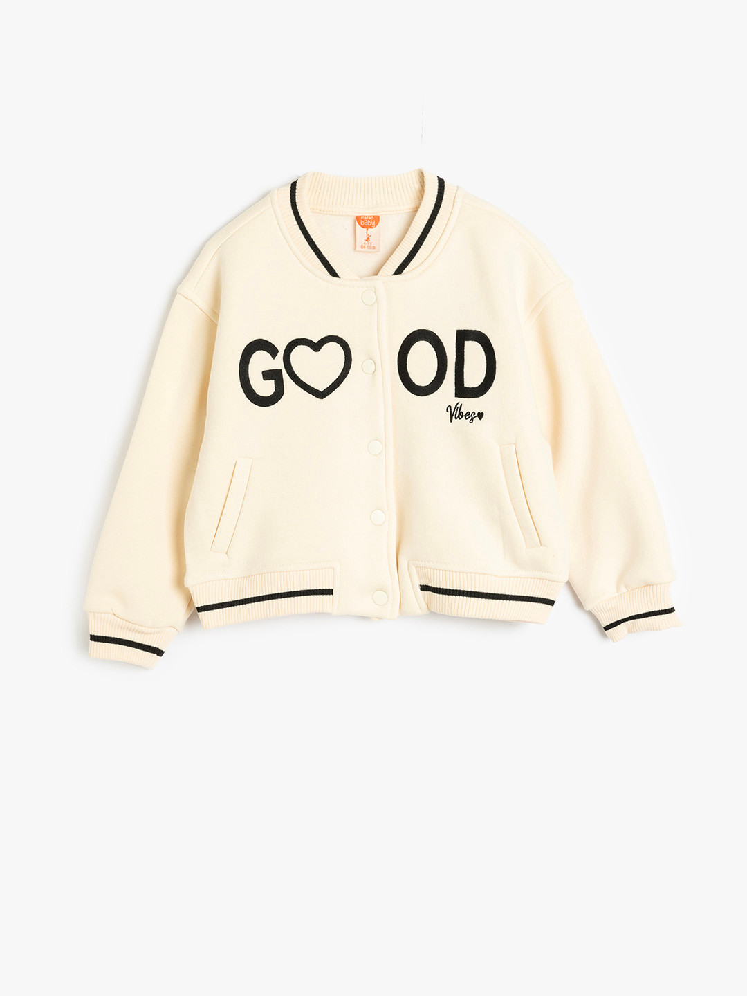 

Koton Girls Stand Collar Typography Printed Cotton Casual Open Front Jacket, Off white