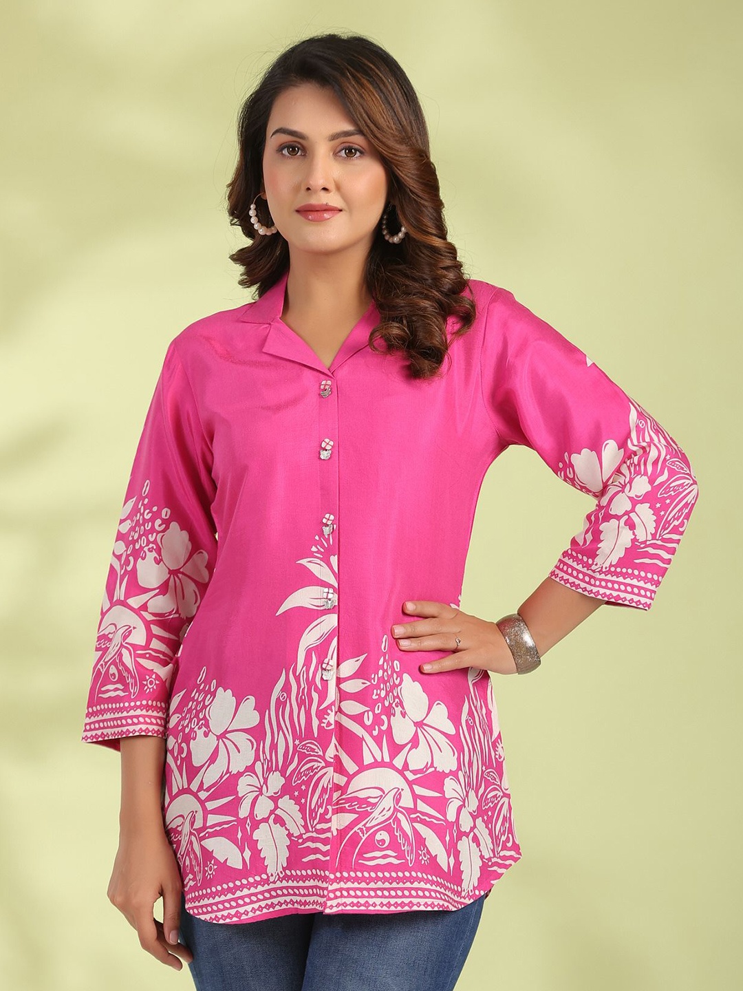 

JISORA Women Floral Printed Lapel Collar Pure Silk Top, Pink