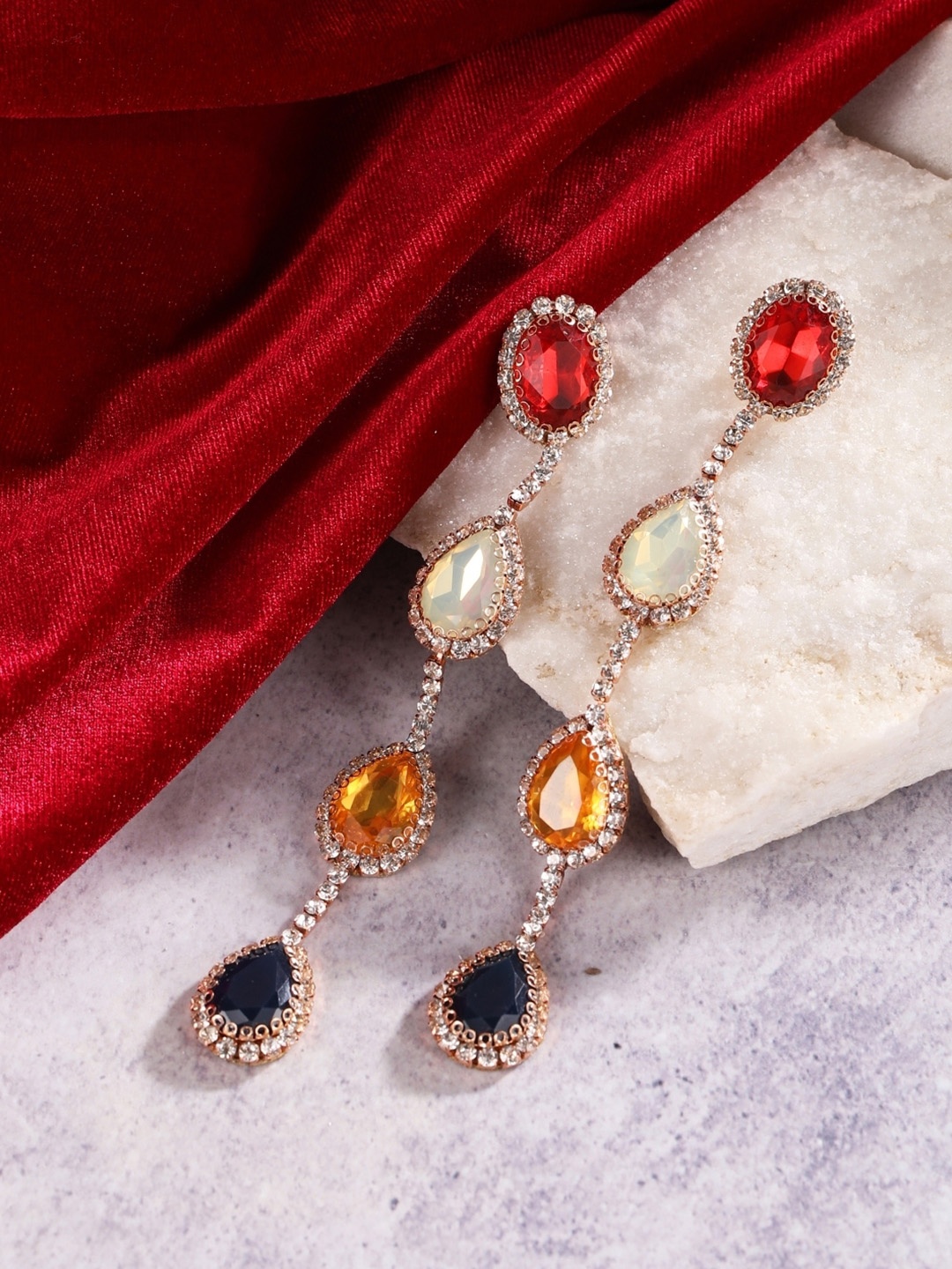 

KPOP Rose Gold-Plated Rhinestone Studded Contemporary Drop Earrings