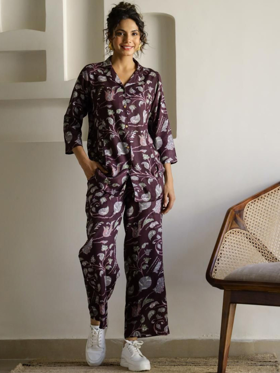 

FLAVIA CREATION Women Printed Pure Cotton Shirt & Trouser Co-Ords, Purple
