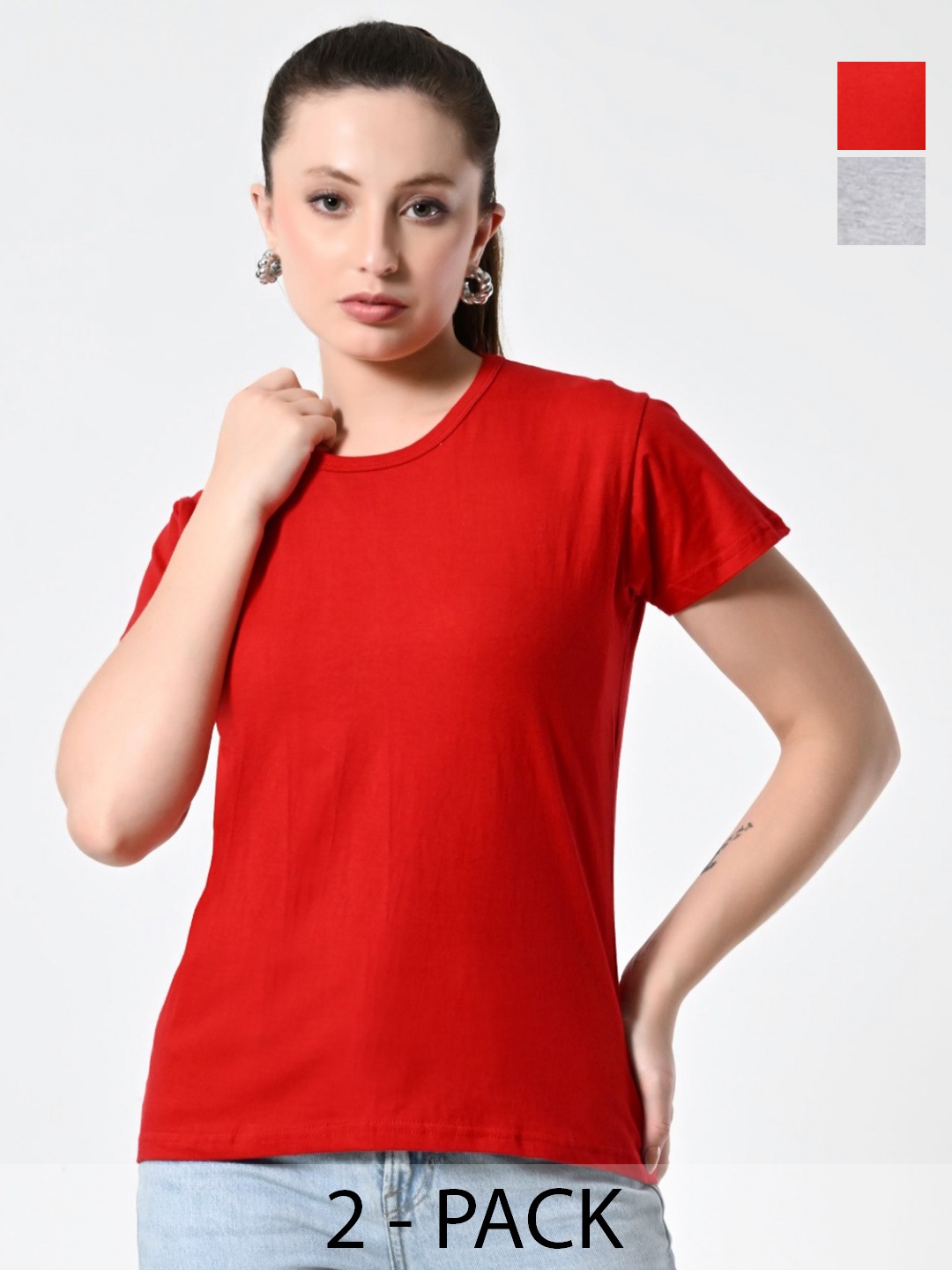 

BAESD Women Pack Of 2 Solid Round Neck Cotton T-shirts, Red