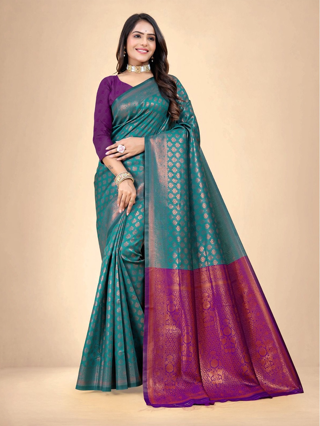 

Abhilasha Woven Design Zari Pure Silk Kanjeevaram Saree, Sea green