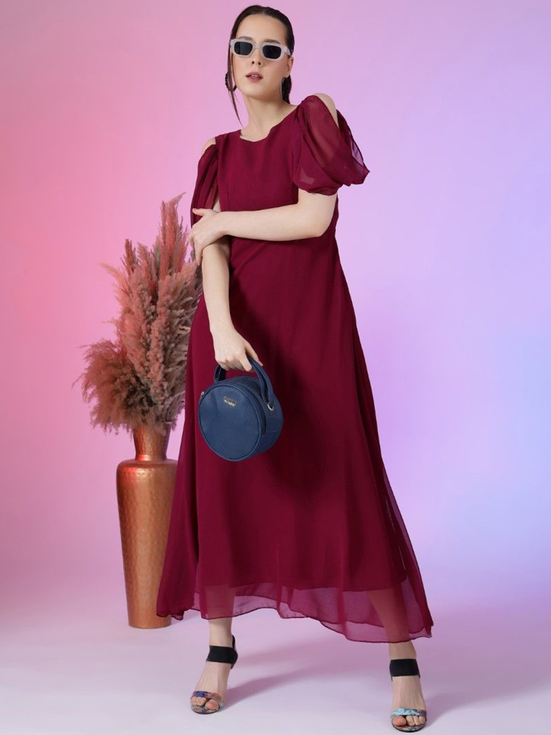 

Raiyani Enterprise Women Solid Bell Sleeve Applique Fit & Flare Maxi Dress, Magenta