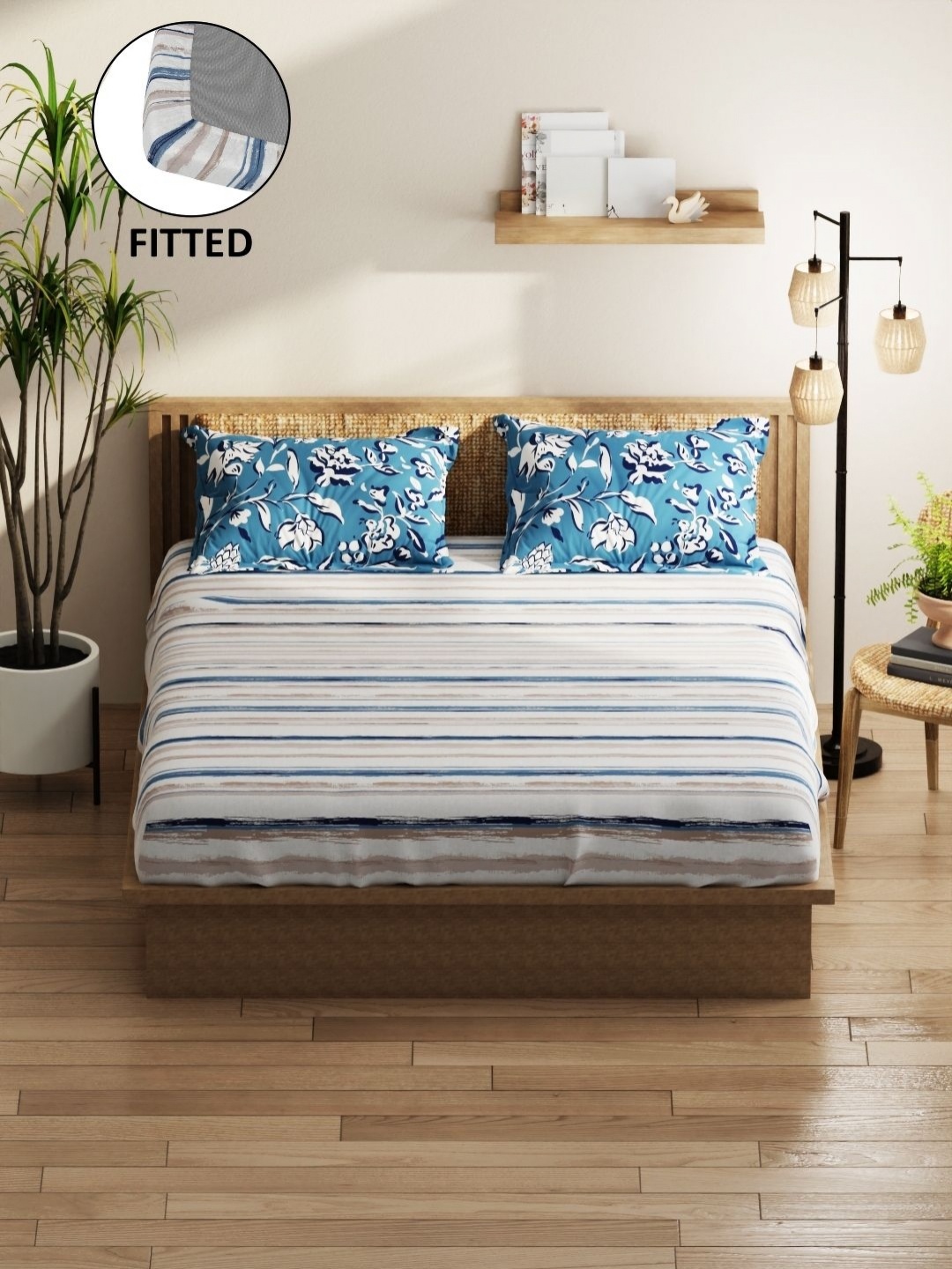 

KOPA Grey Striped Microfiber 152 TC Fitted Queen Bedsheet with 2 Pillow Covers 1.6 x 1.9m