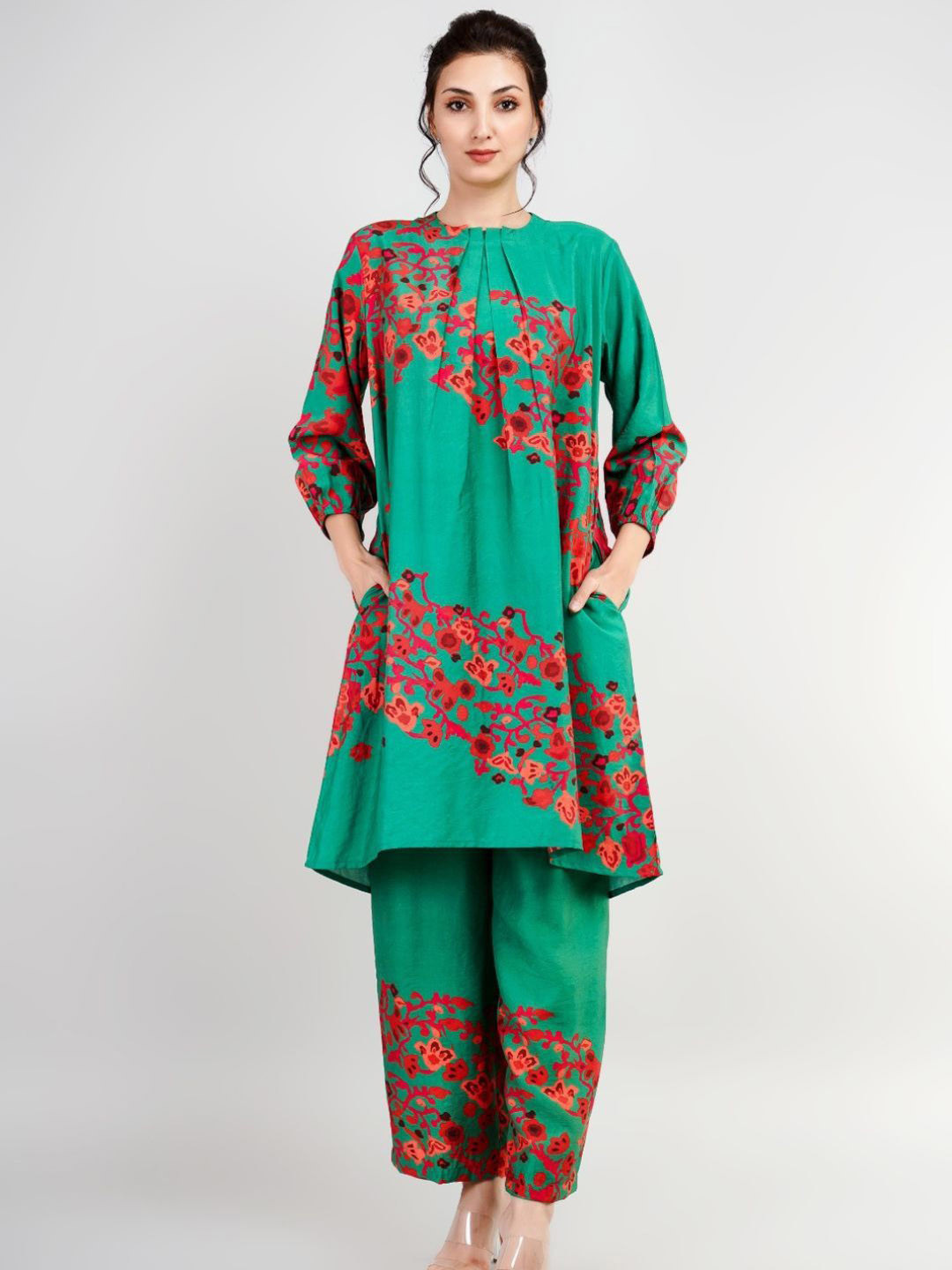 

Zolo Label Floral Printed Tunic With Trousers, Green