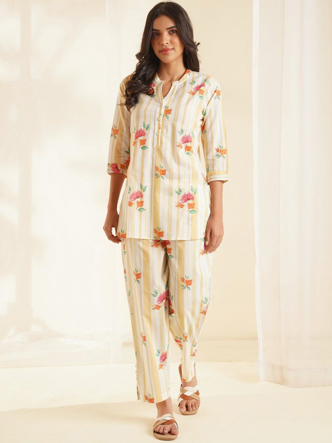 

JAYPORE Women Printed Pure Cotton Tunic With Trouser Co-Ords, White