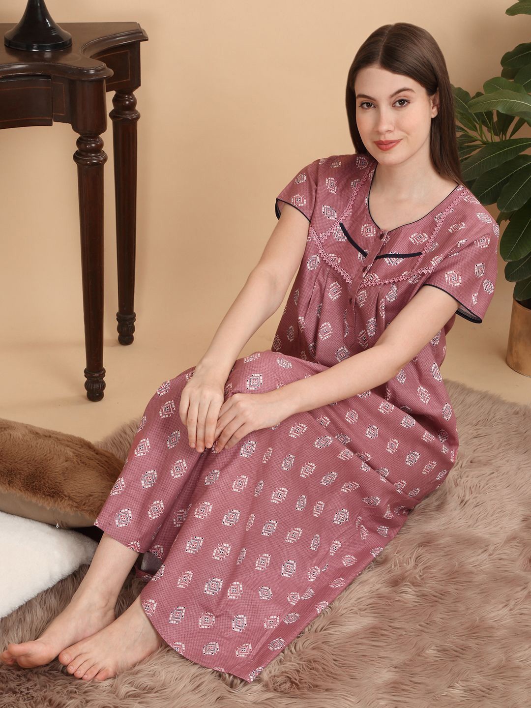 

Sweet Dreams Women Pure Cotton Printed Maxi Nightdress, Rose