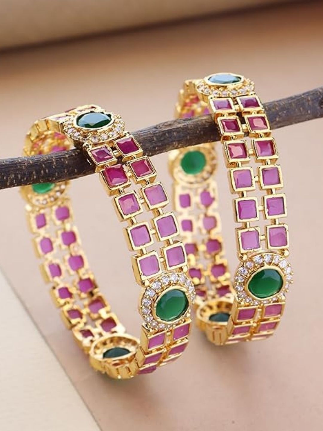 

I Jewels Set of 2 Gold Plated Cubic Zirconia Stone Studded Bangles
