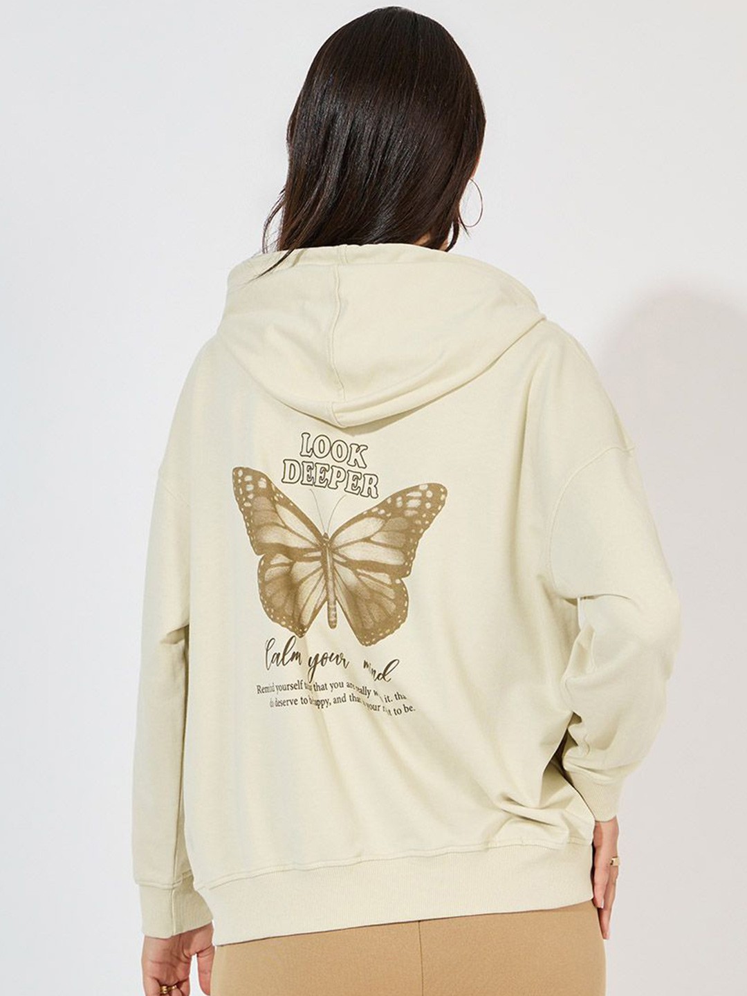 

Styli Women Graphic Printed Regular Length Oversized Hoodie, Beige