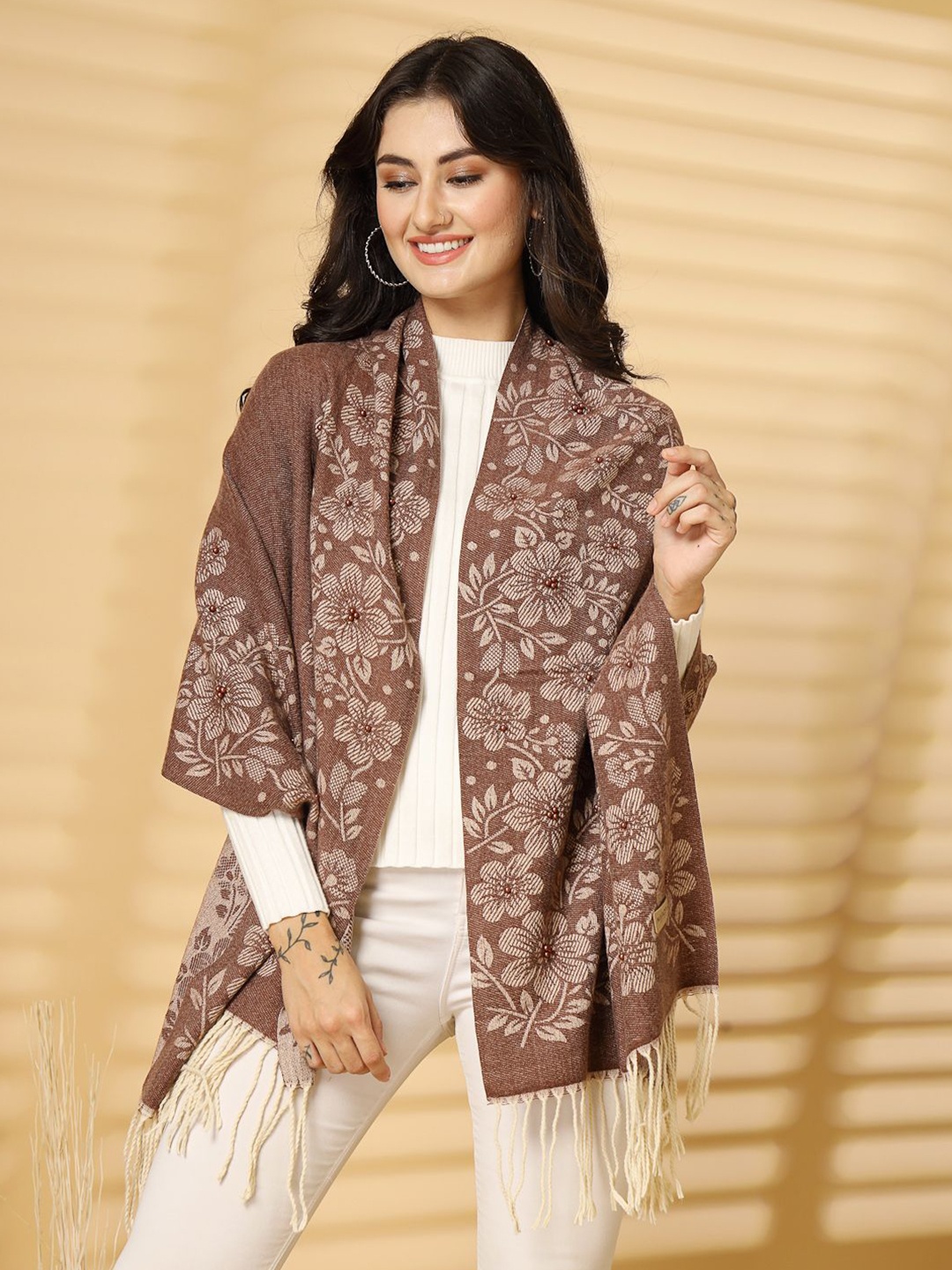 

Mafadeny Women Floral Woven Design Stole, Brown