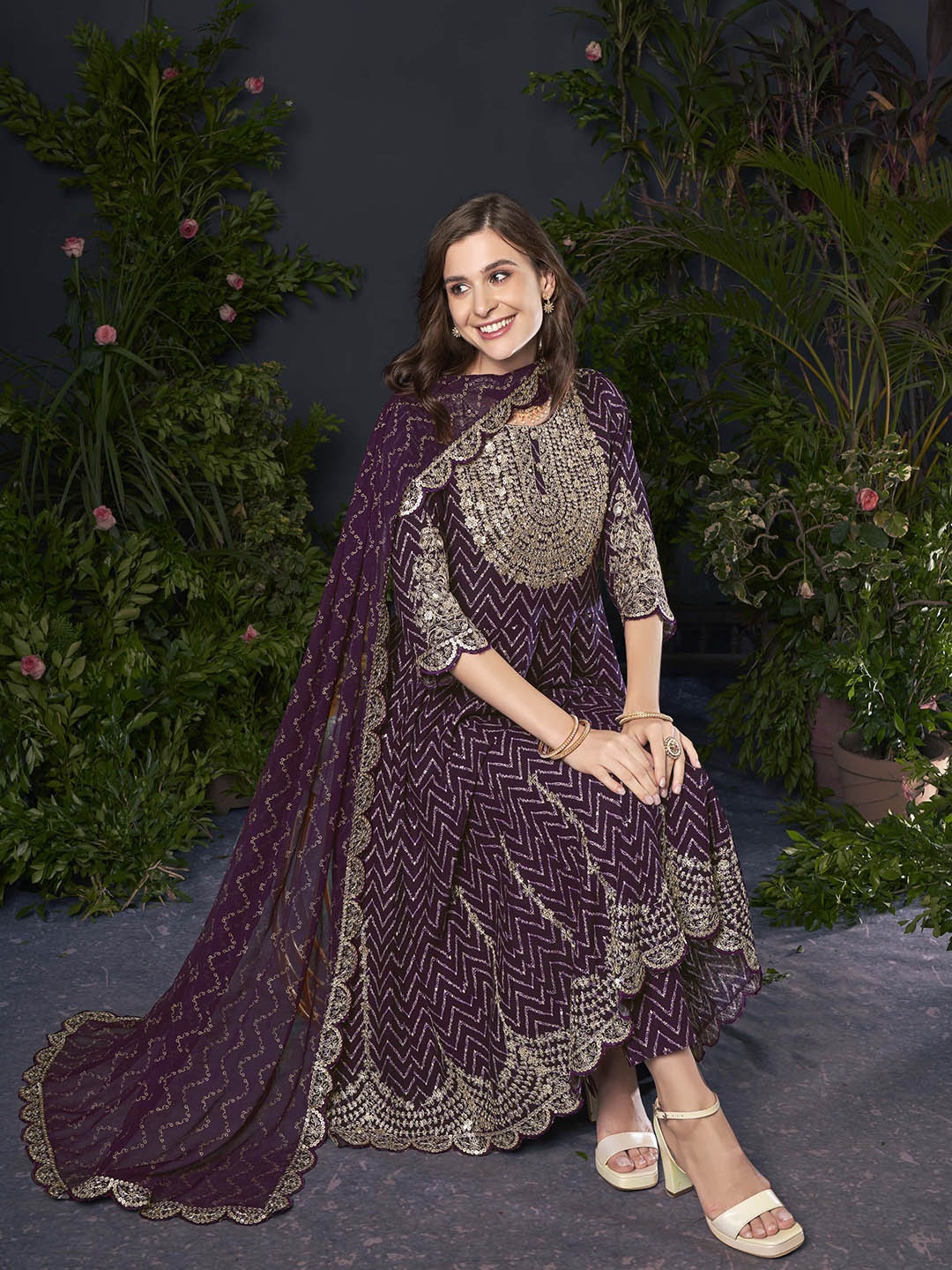 

Anouk Embroidered Empire Kurta With Trousers & Dupatta, Magenta