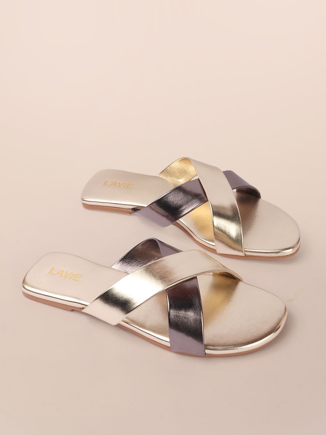 

Lavie Women Colourblocked Open Toe Flats, Gold