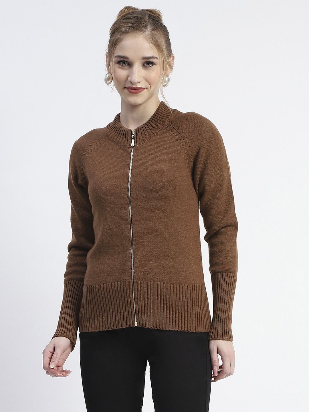 

Madame Women Solid Ribbed Cardigan Sweater, Coffee brown