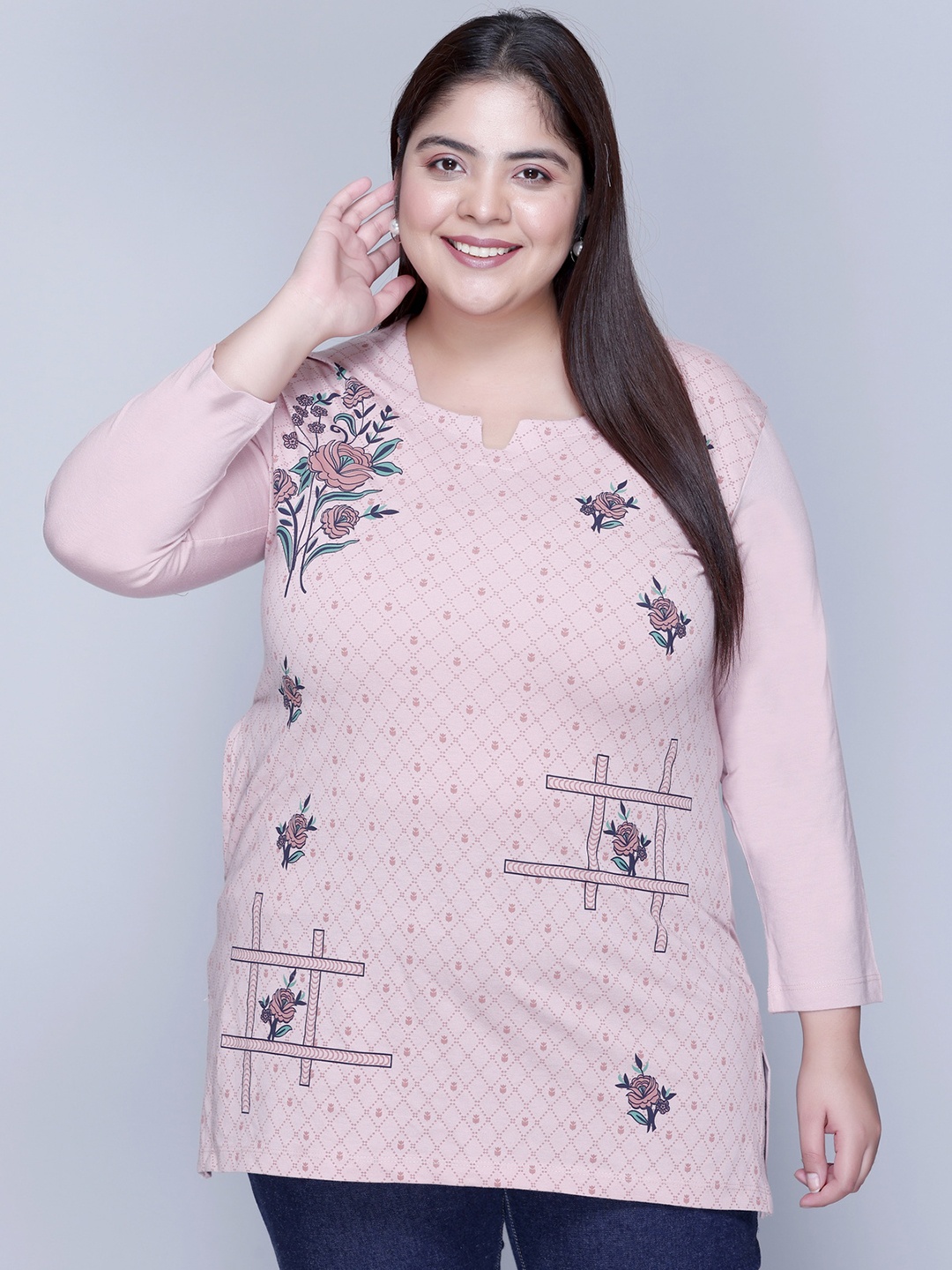 

IN Love Women Floral Printed Cotton Plus Size Long T-Shirt, Pink