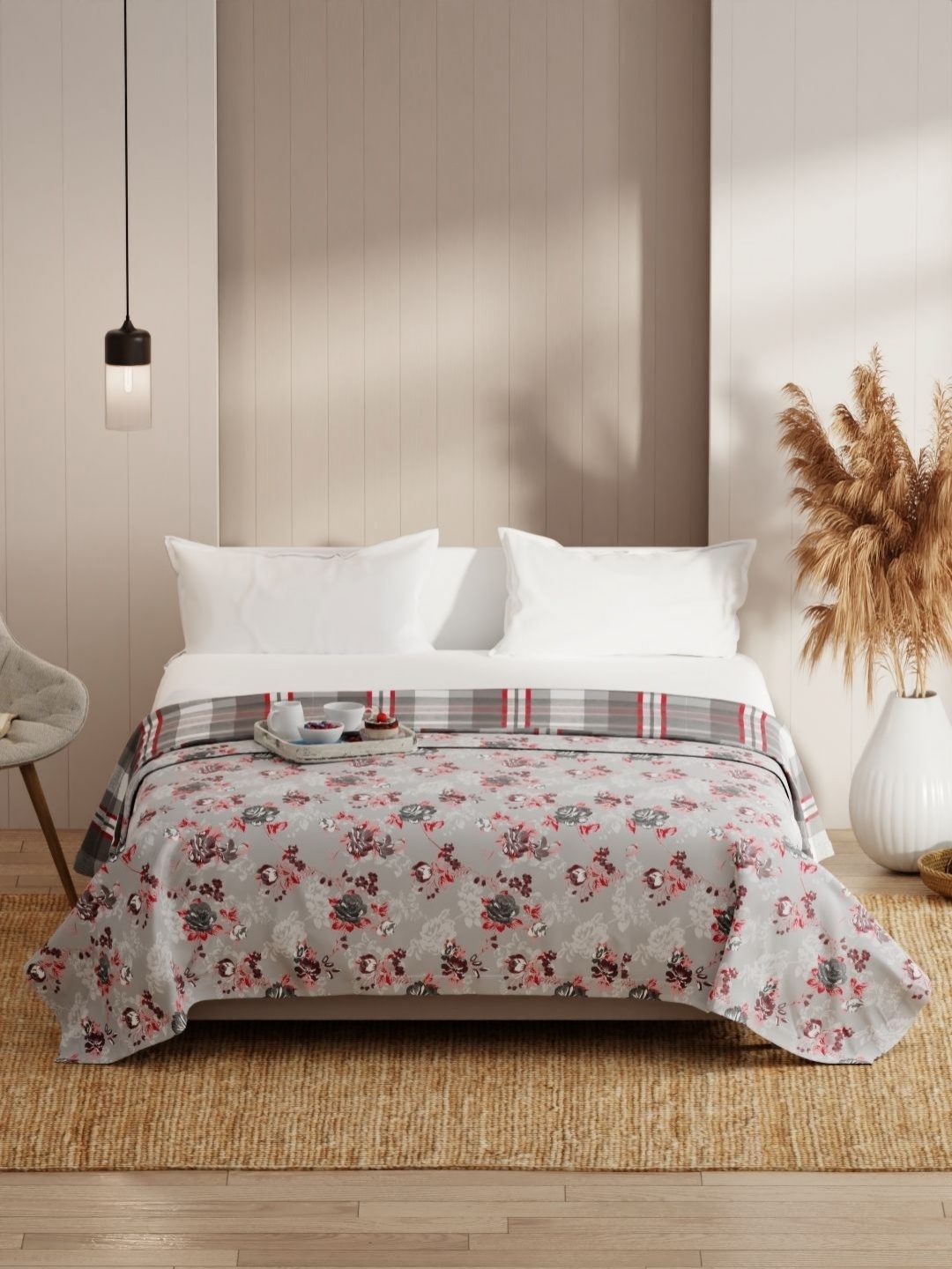 

KOPA Grey & Red Floral Printed Microfiber AC Room 150 GSM Double Bed Dohar